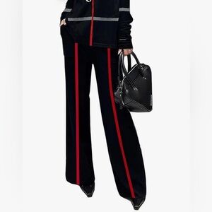 UOOZEE Women's Striped black and red High Waist Wide Leg Pants with Pockets